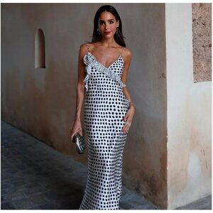 ZARA RUFFLED POLKA DOT SATIN DRESS BLACK & WHITE M